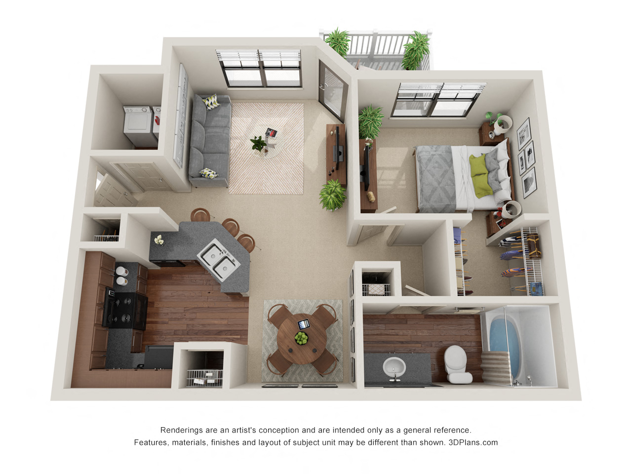 Floor plan for 1 bed, 1 bath, 736 sqft